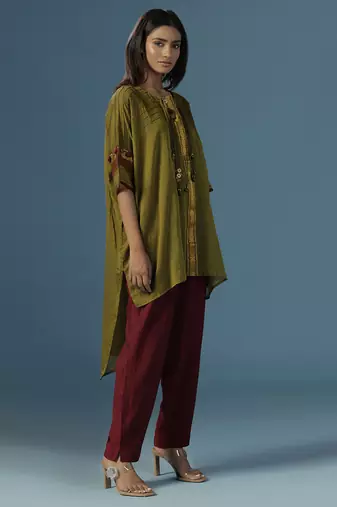 Green chanderi cotton plain kurta with pant