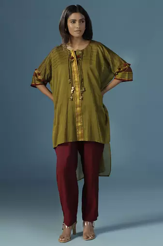 Green chanderi cotton plain kurta with pant