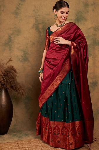 Green Semi-Stiched Weaving Work Banarasi Silk Lehenga Choli 