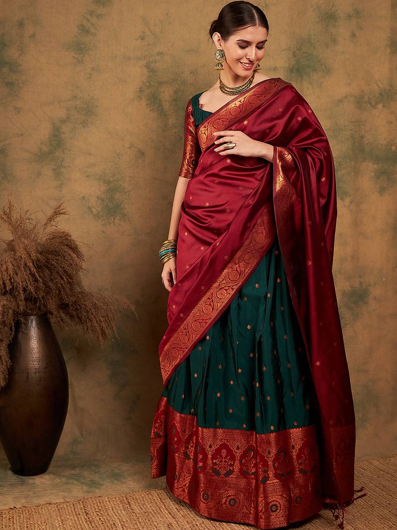 Green Semi-Stiched Weaving Work Banarasi Silk Lehenga Choli 