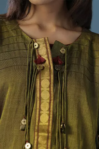Green chanderi cotton plain kurta with pant