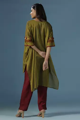 Green chanderi cotton plain kurta with pant