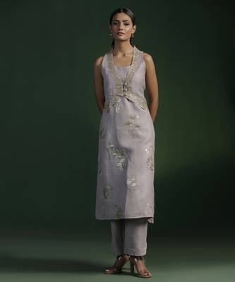 Grey silk embroidered kurta set with jacket 1