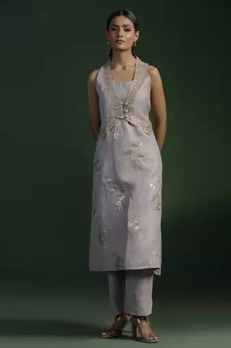 Grey silk embroidered kurta set with jacket