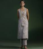Grey silk embroidered kurta set with jacket
