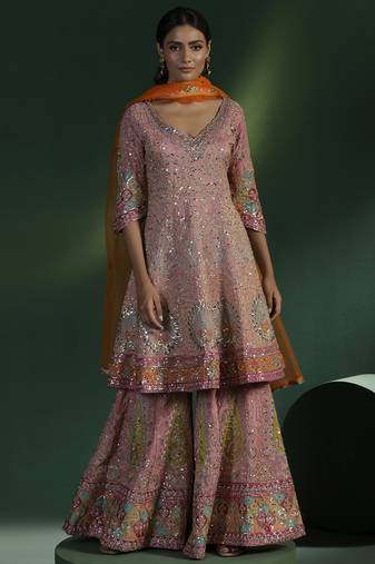 Pink silk embroidered sharara set