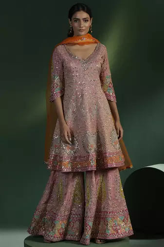 Pink silk embroidered sharara set