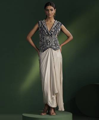 Blue satin embroidered top with plain dhoti 1