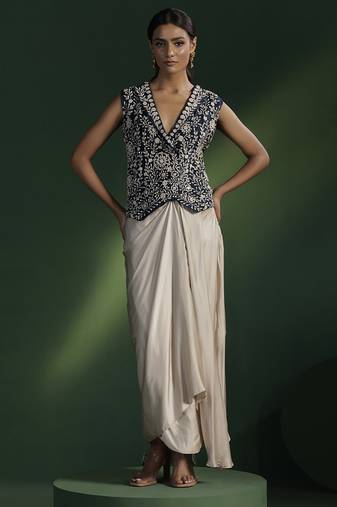 Blue satin embroidered top with plain dhoti