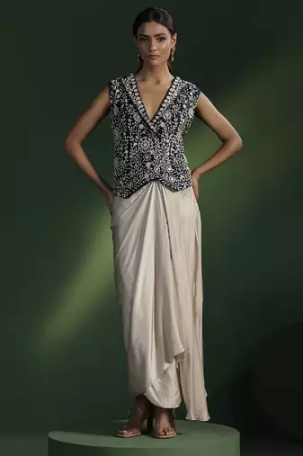 Blue satin embroidered top with plain dhoti