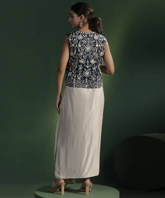 Blue satin embroidered top with plain dhoti 2