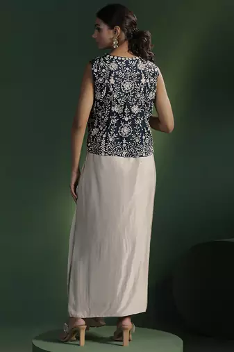 Blue satin embroidered top with plain dhoti
