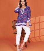 Blue printed delta silk top with lace detailing and square neck