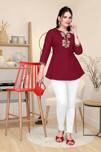 Maroon embroidered roman silk top with 3/4 sleeves