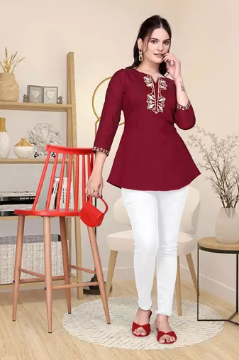 Maroon embroidered roman silk top with 3/4 sleeves