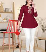 Maroon embroidered roman silk top with 3/4 sleeves