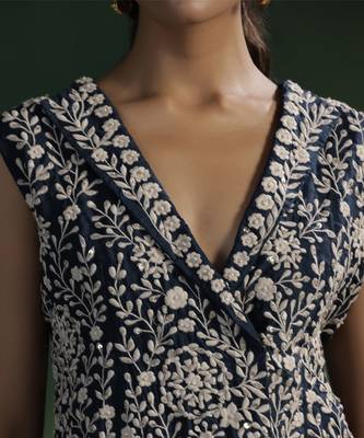 Blue satin embroidered top with plain dhoti 3