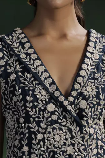 Blue satin embroidered top with plain dhoti