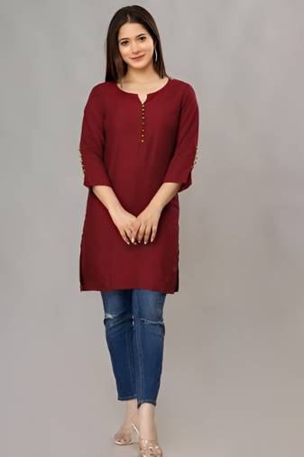 Maroon solid roman silk regular top with 3/4 sleeves