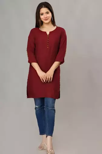 Maroon solid roman silk regular top with 3/4 sleeves