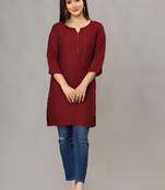 Maroon solid roman silk regular top with 3/4 sleeves