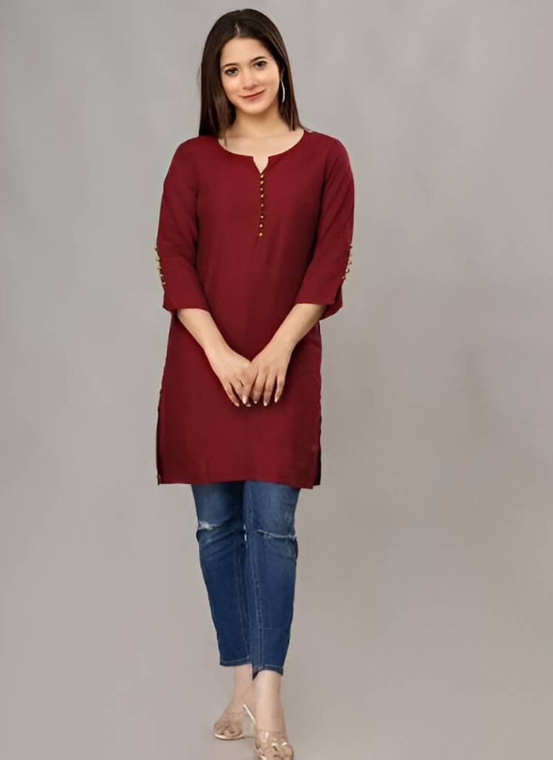 Maroon solid roman silk regular top with 3/4 sleeves