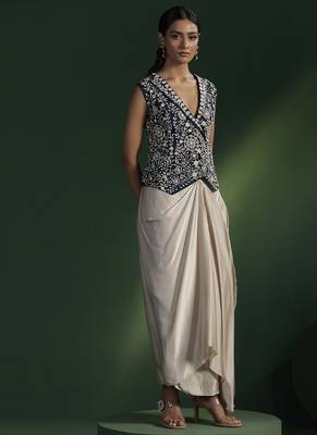 Blue satin embroidered top with plain dhoti 4