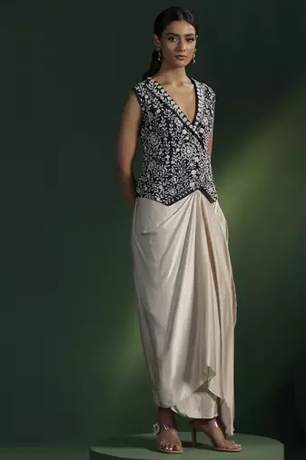 Blue satin embroidered top with plain dhoti