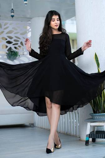 Black fit & flare georgette high-low dress with sheer sleeves