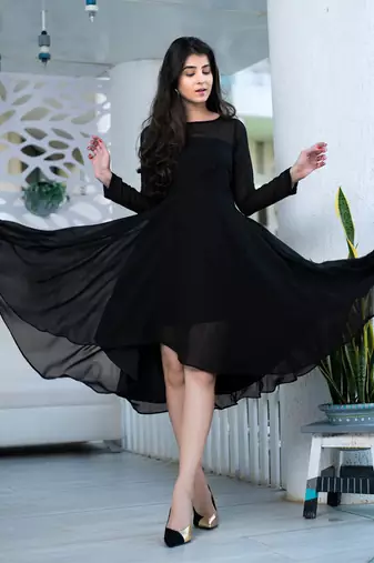 Black fit & flare georgette high-low dress with sheer sleeves