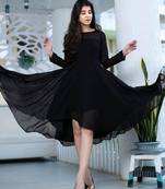 Black fit & flare georgette high-low dress with sheer sleeves
