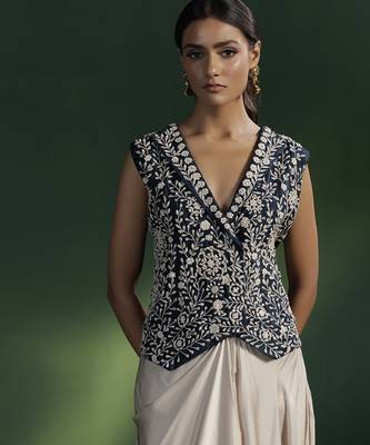 Blue satin embroidered top with plain dhoti 5