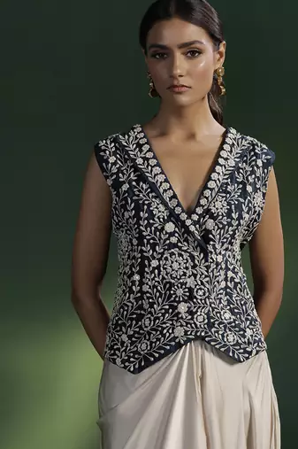 Blue satin embroidered top with plain dhoti