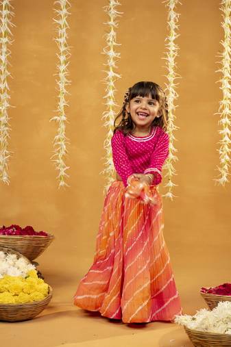 Pink laheriya printed georgette top with georgette crushed multicoloured lehenga (set of 2)