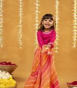 Pink laheriya printed georgette top with georgette crushed multicoloured lehenga (set of 2)