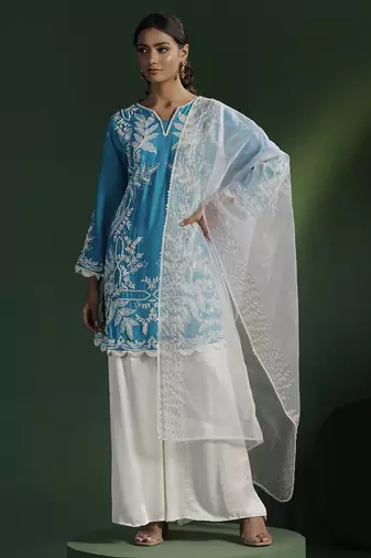 Blue silk embroidered kurta set