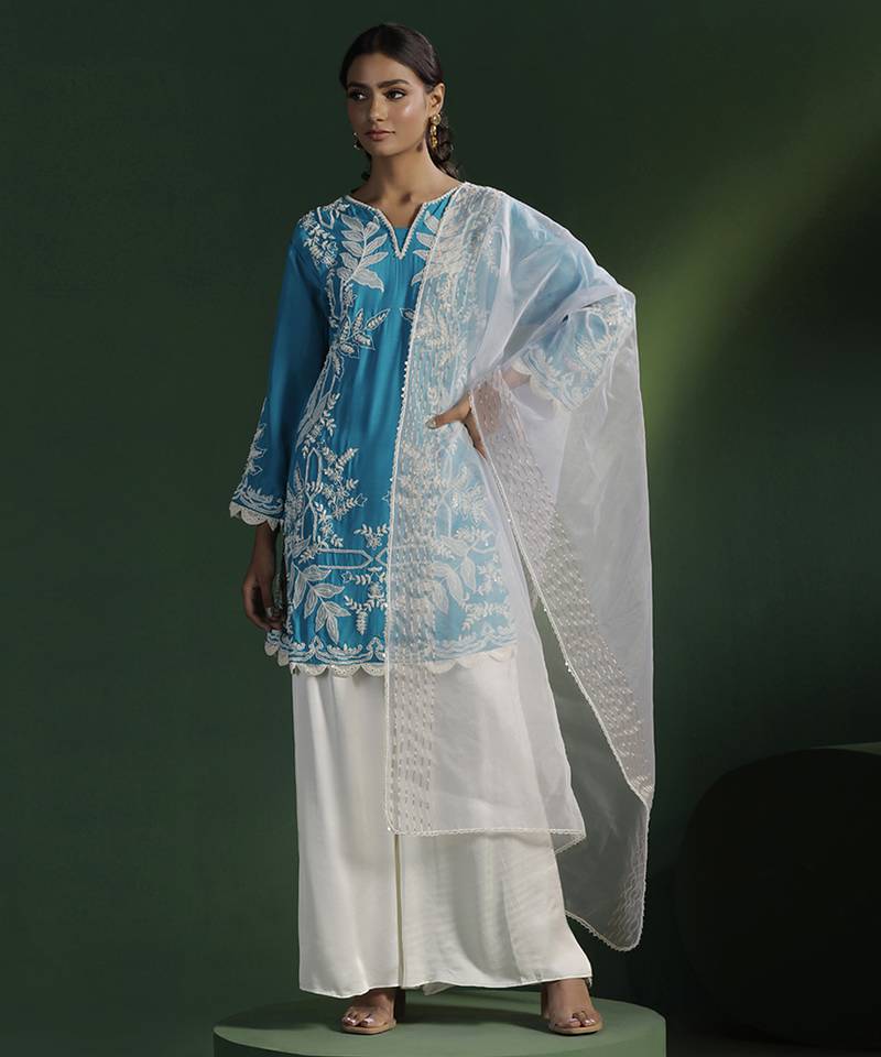 Blue silk embroidered kurta set