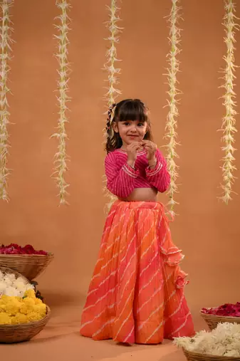 Pink laheriya printed georgette top with georgette crushed multicoloured lehenga (set of 2)