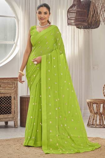 Women's heavy embroidered georgette parrot green color saree for women