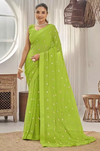 Women's heavy embroidered georgette parrot green color saree for women