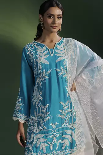 Blue silk embroidered kurta set