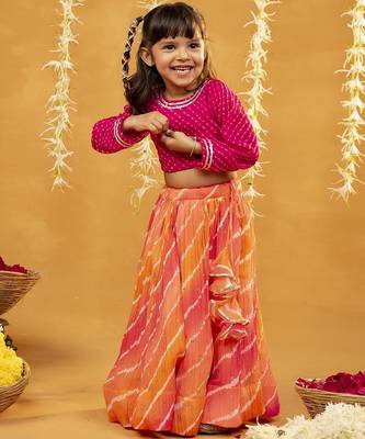Pink laheriya printed georgette top with georgette crushed multicoloured lehenga (set of 2) 4