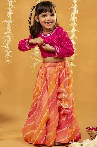 Pink laheriya printed georgette top with georgette crushed multicoloured lehenga (set of 2)