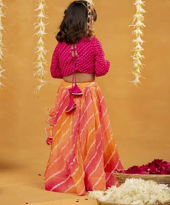 Pink laheriya printed georgette top with georgette crushed multicoloured lehenga (set of 2) 5