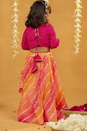 Pink laheriya printed georgette top with georgette crushed multicoloured lehenga (set of 2)