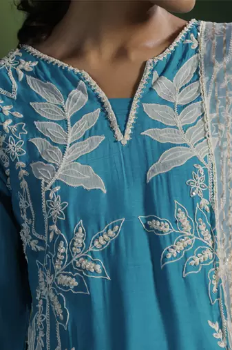 Blue silk embroidered kurta set