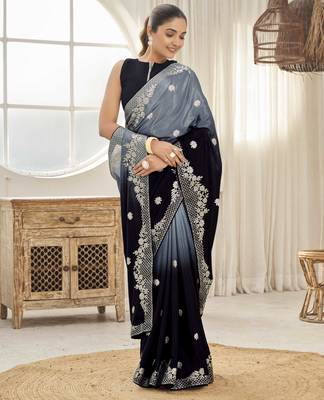 Women's heavy embroidered moss chiffon dual tone black & grey color padding saree for women 1
