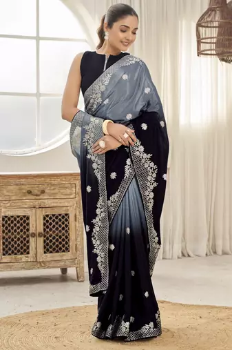 Women's heavy embroidered moss chiffon dual tone black & grey color padding saree for women