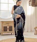 Women's heavy embroidered moss chiffon dual tone black & grey color padding saree for women