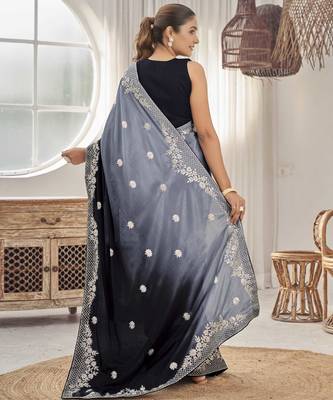 Women's heavy embroidered moss chiffon dual tone black & grey color padding saree for women 2